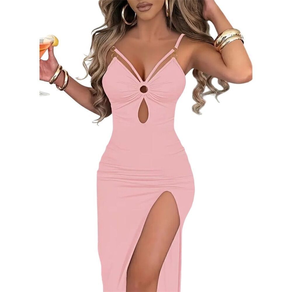 Sexy Y2K Pink Strappy Maxi Dress Sleeveless V-Neck Party Cocktail Summer Barbie